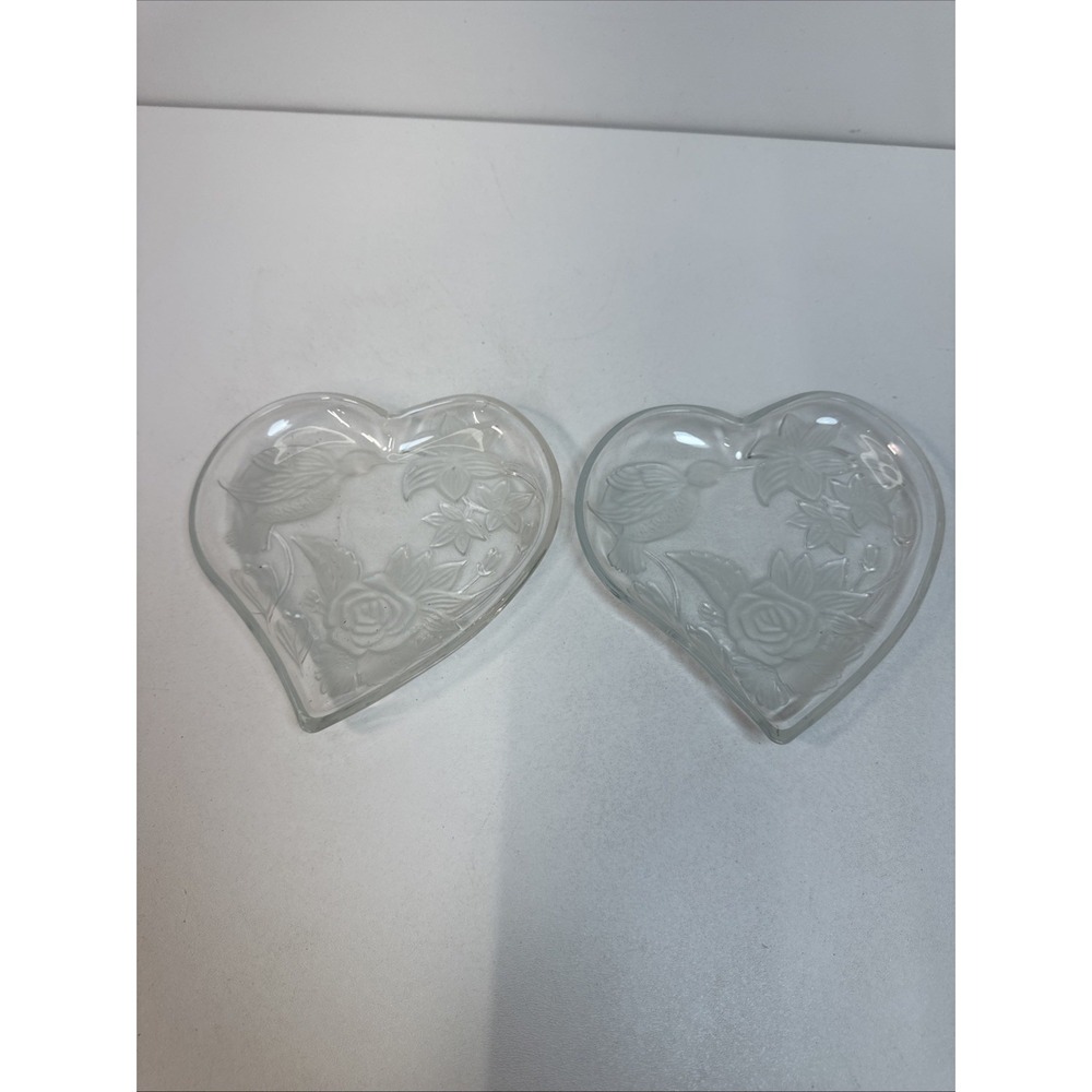 Glass Crystal Heart Shape Dish 6" Floral Embossed‎ Frosted 2 Dishes